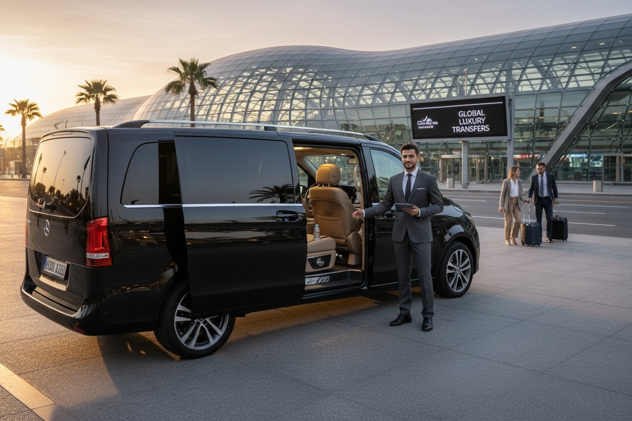 Un autista in abito elegante accoglie i passeggeri accanto a un minivan nero di lusso davanti all'ingresso di un aeroporto moderno al tramonto.