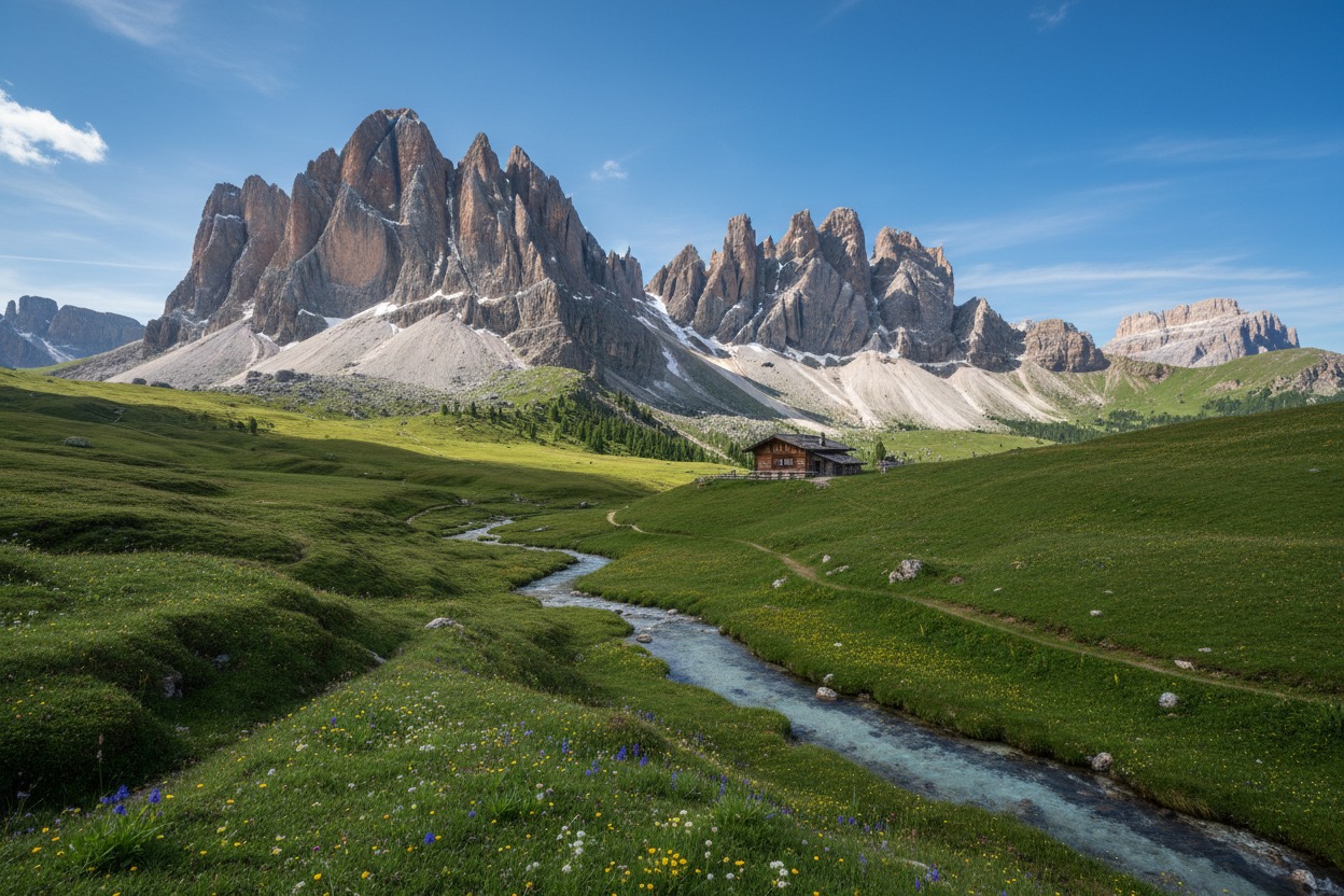 Un ruscello scorre attraverso un prato verde fiorito ai piedi delle maestose vette dolomitiche del gruppo delle Odle.