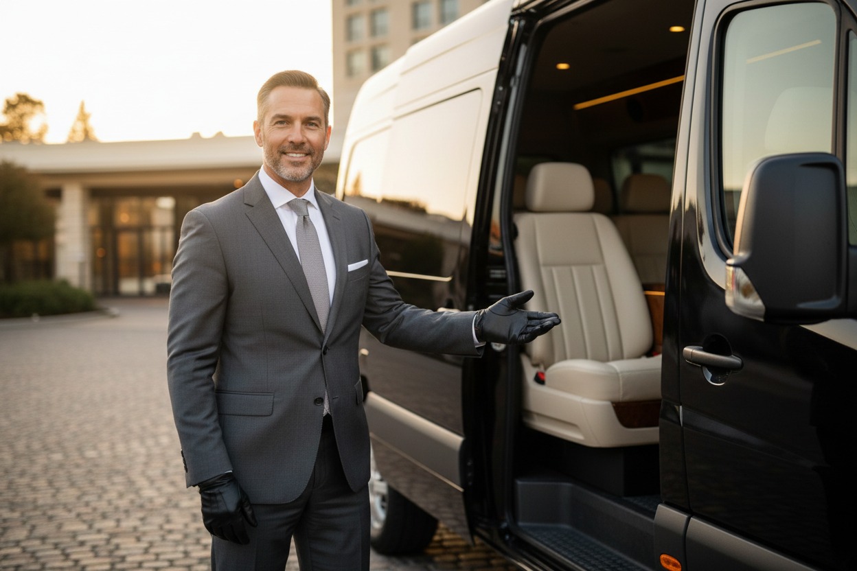 Un autista in abito elegante invita a salire a bordo di un van di lusso con la porta aperta.