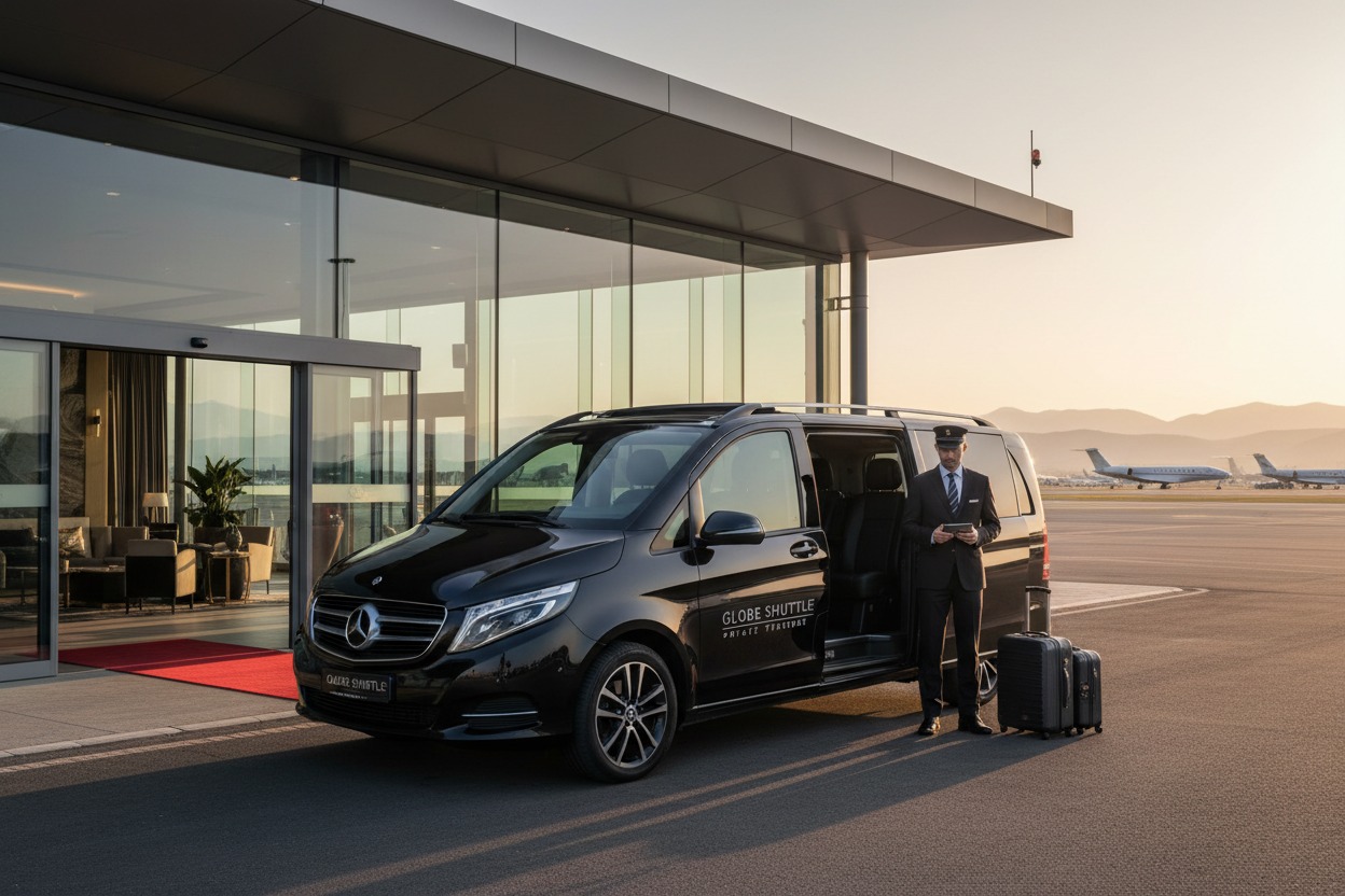 A chauffeur in a suit stands next to a black Mercedes-Benz van with luggage on an airport tarmac in front of a modern glass terminal building.